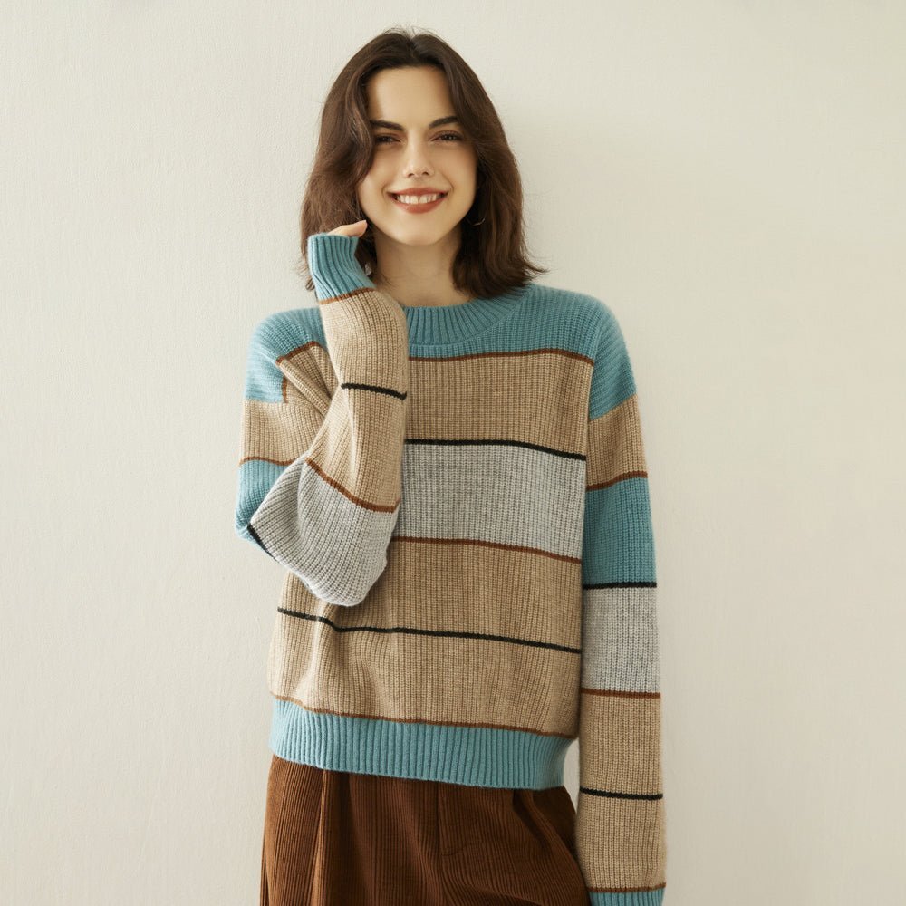 Lady Striped Cashmere Sweater Crewneck Colorblock Knit Drop Shoulder