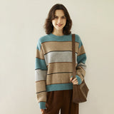 Lady Striped Cashmere Sweater Crewneck Colorblock Knit Drop Shoulder