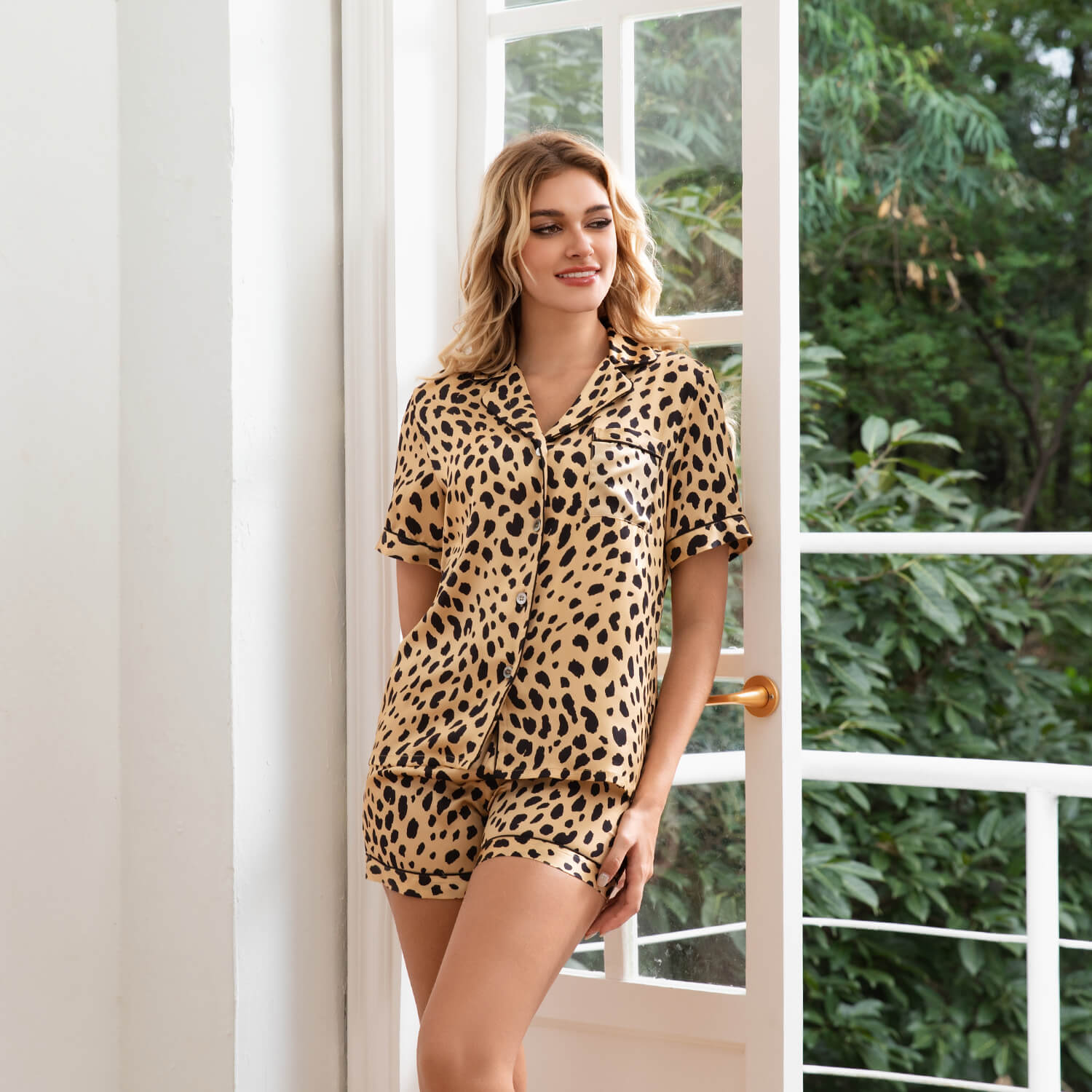 Leopard Print Silk Pajamas for Women Short Silk Pajama Set Silk Sleepwear Set