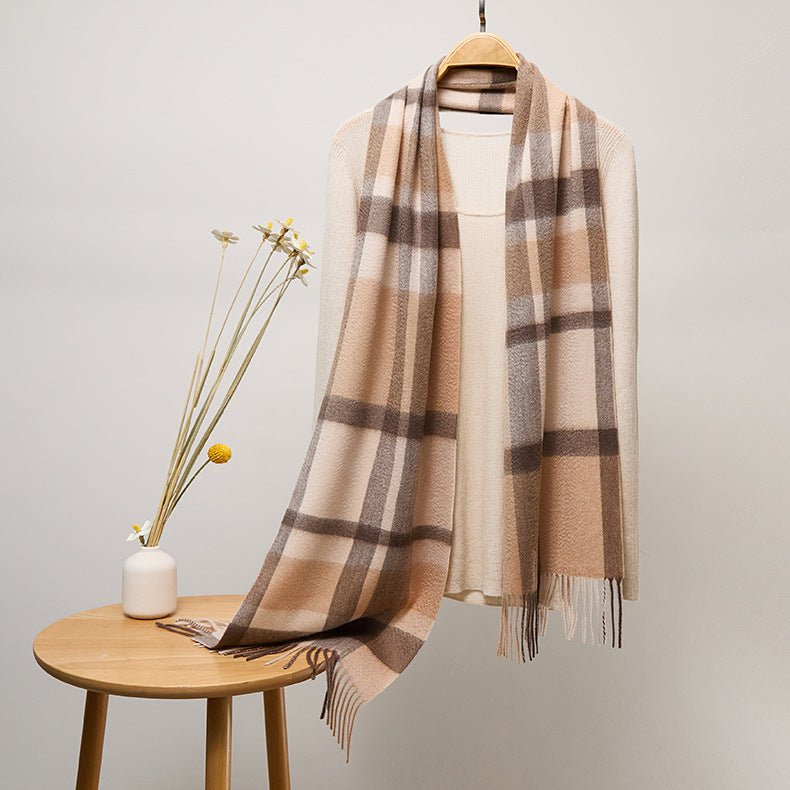 Long Plaid Cashmere Scarf With Tassel Winter Warps With Fringe Style 44 L