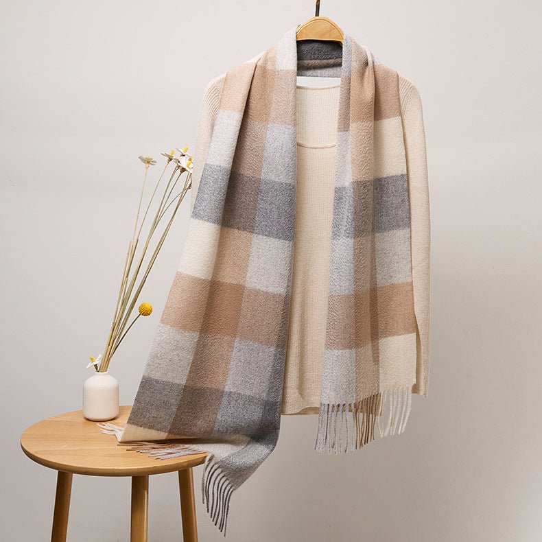 Long Plaid Cashmere Scarf With Tassel Winter Warps With Fringe Style 36 L