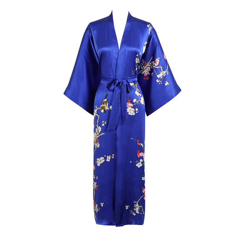 Long Silk Kimono For Women Cherry Blossom Printing Silk Robe