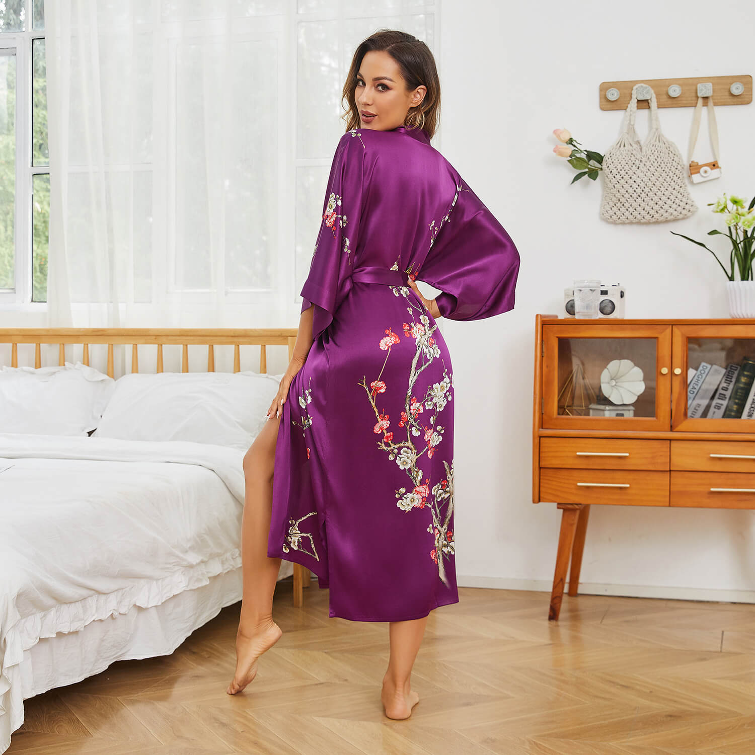 Long Silk Kimono For Women Cherry Blossom Printing Silk Robe