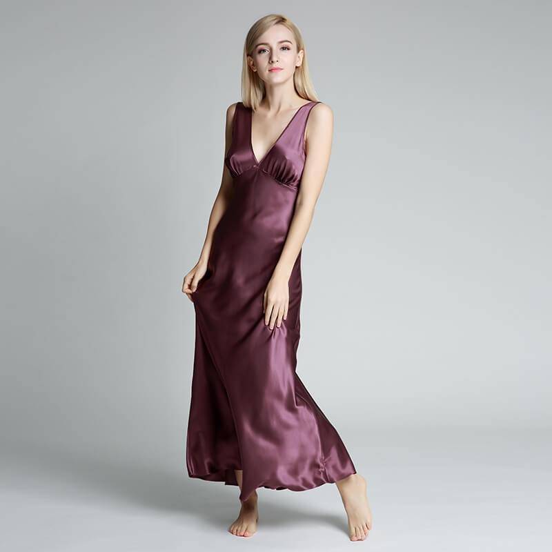 Long Silk Nightgown For Women Wide Strap V Neck Silk Nightdress