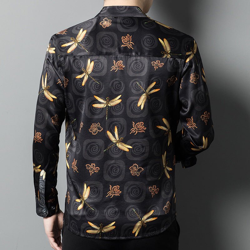 Long Sleeve Silk Shirts for Men Silk Dragonfly Print Dress Shirt