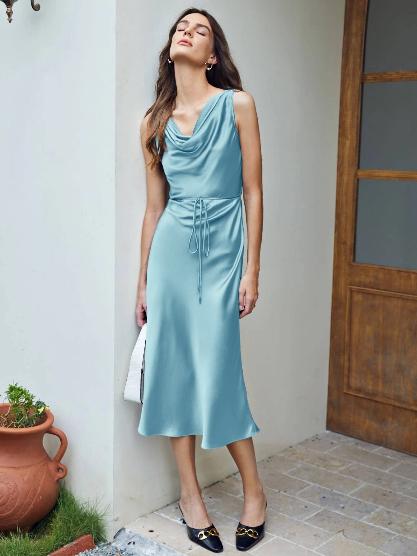 Luxury Silk Dresses Cowl Neck Sleeveless Silk Midi Dress