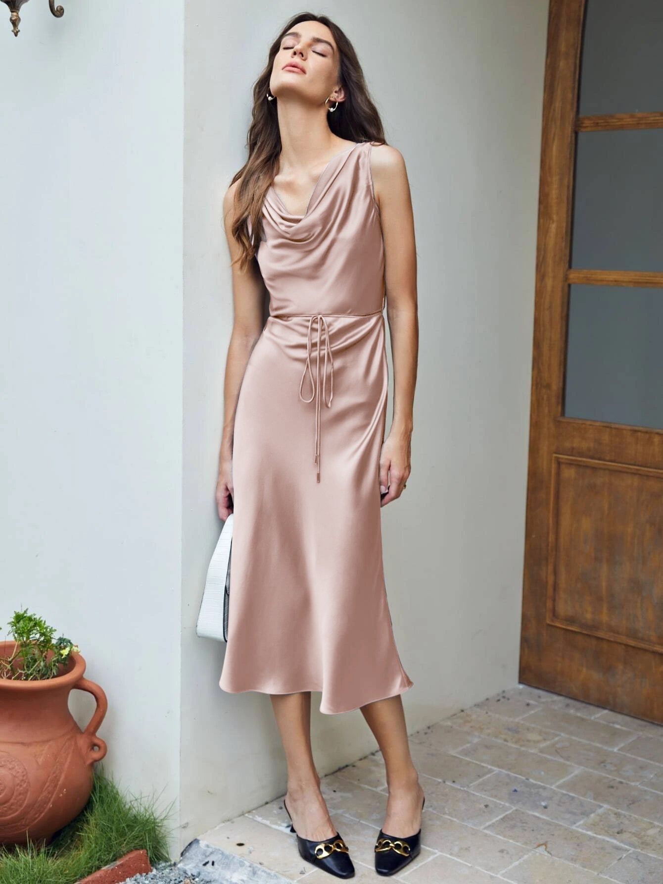 Luxury Silk Dresses Cowl Neck Sleeveless Silk Midi Dress