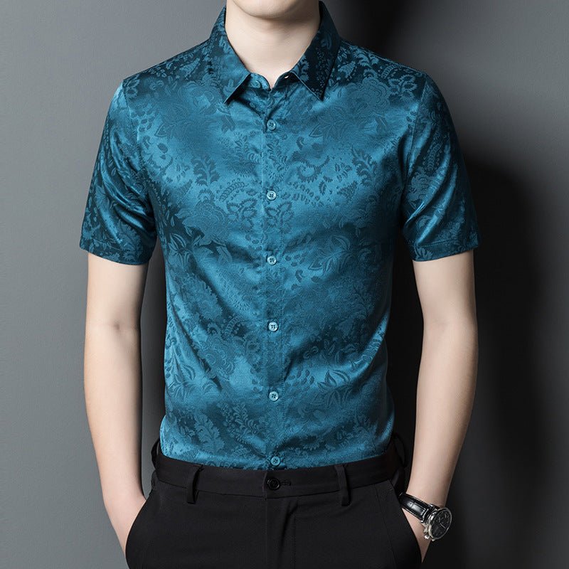 Mens Button Down Silk Shirts Short Sleeve Floral Print Silk Dress Shirt