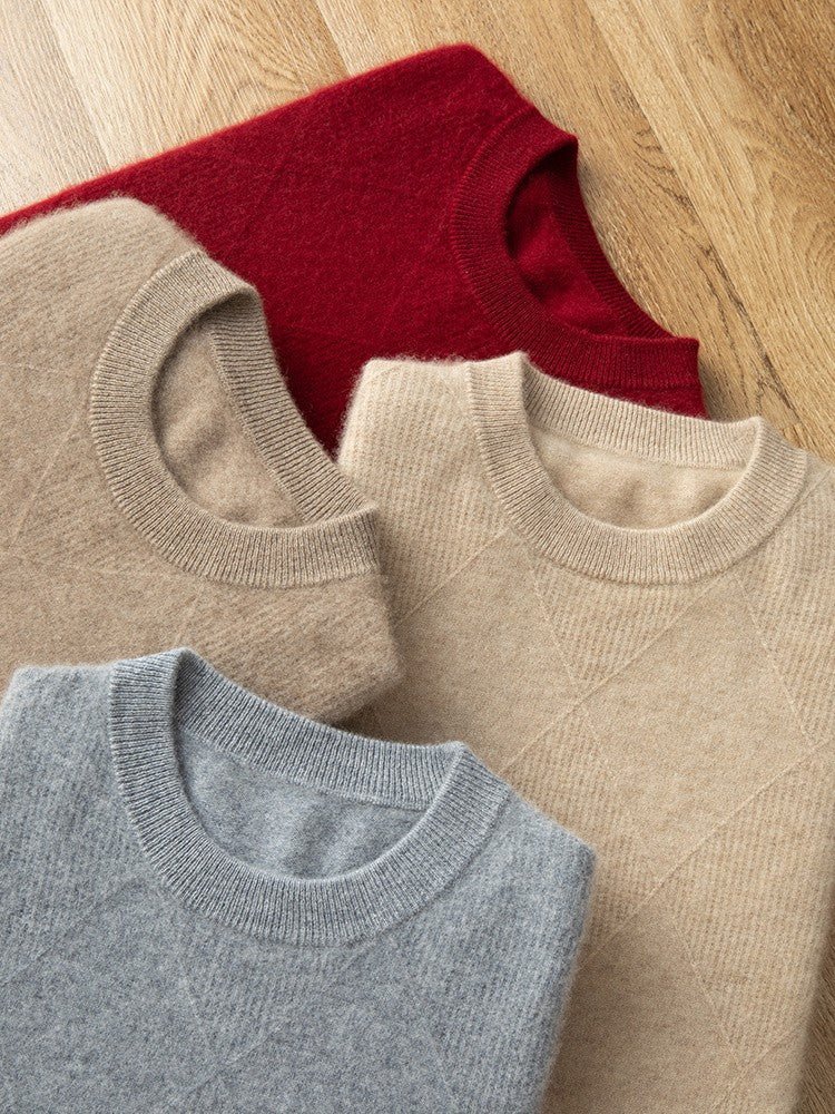 Mens Diamond Pattern Cashmere Sweater Crew Neck Long Sleeve Ribbed Hem