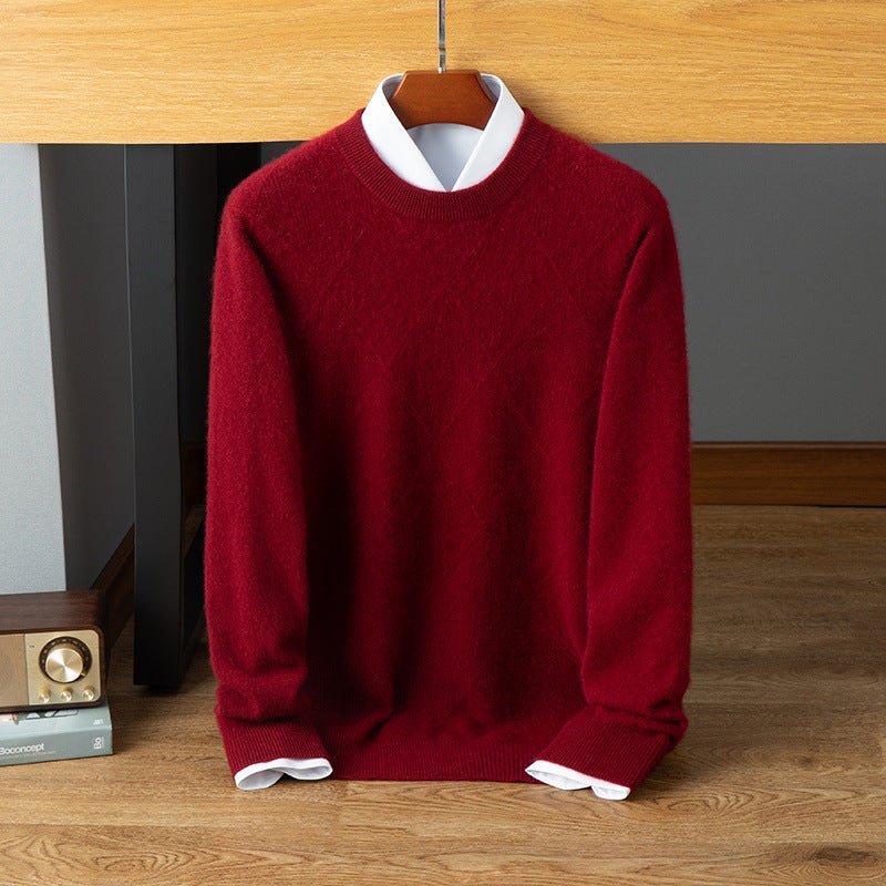 Mens Diamond Pattern Cashmere Sweater Crew Neck Long Sleeve Ribbed Hem