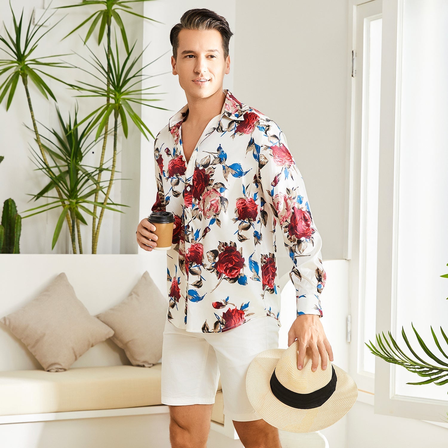 Men's Flower Printed Silk Shirts Button Down Silk Dress Shirt