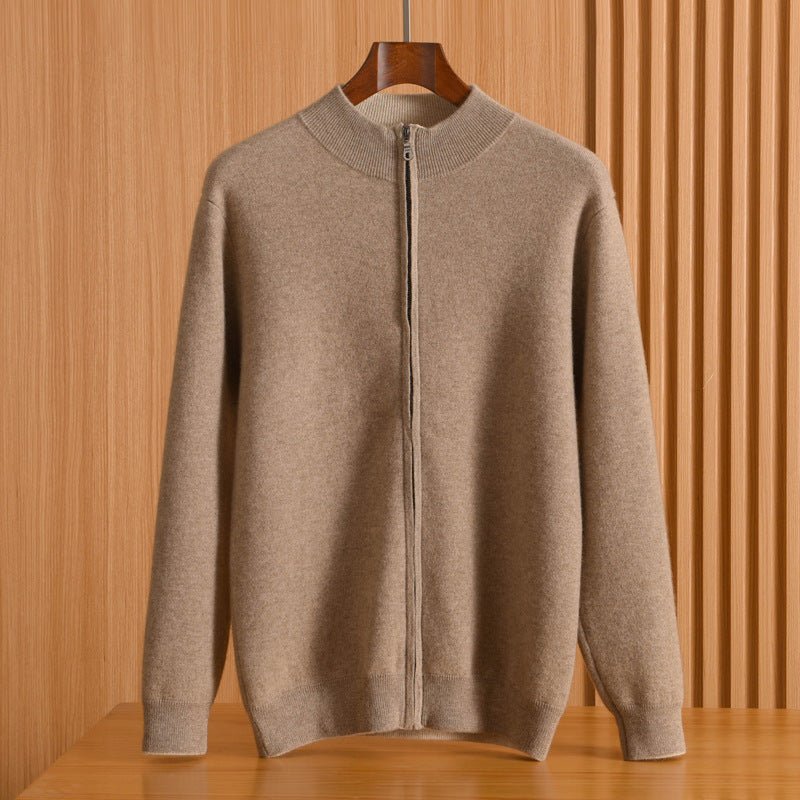 Mens Full - Zip Mock Neck Pure Cashmere Cardigan Stand Collar Cashmere Coat