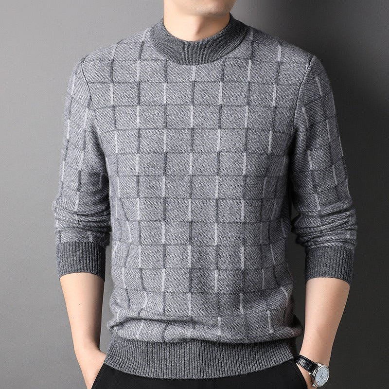 Mens Grid Pattern Pure Cashmere Sweater Mock Neck Cashmere Jumper