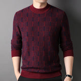 Mens Grid Pattern Pure Cashmere Sweater Mock Neck Cashmere Jumper