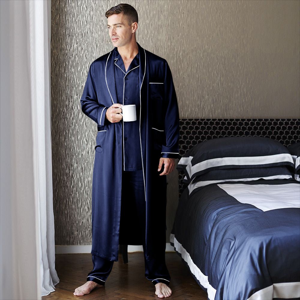 Mens Long Silk Pajamas & Robe Set Full Length Silk Sleepwear