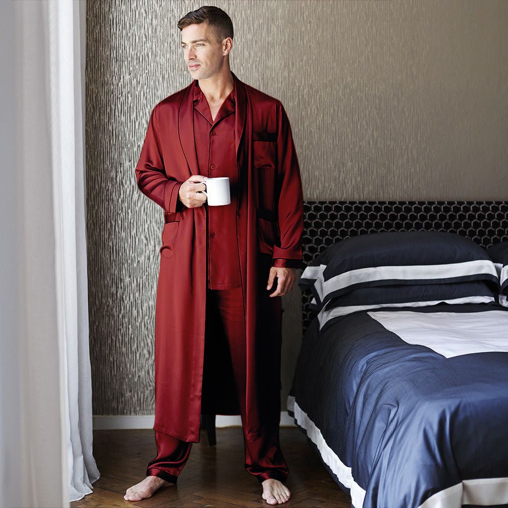 Mens Long Silk Pajamas & Robe Set Full Length Silk Sleepwear