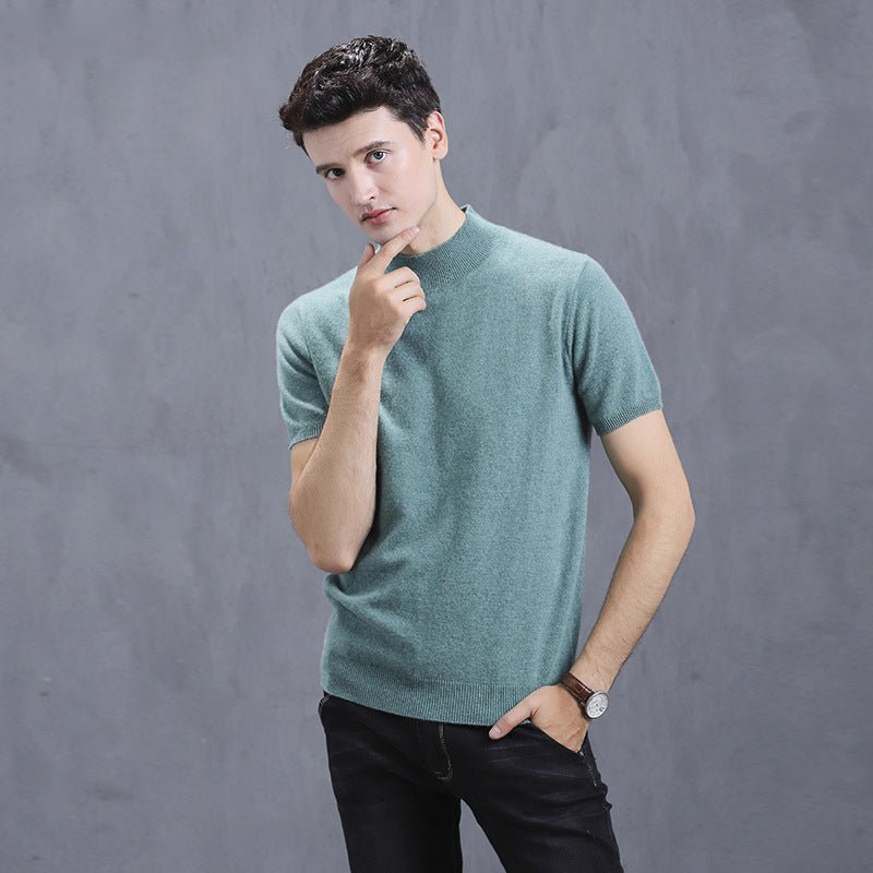 Mens Short Sleeve Pure Cashmere Knitted Sweater Mock Neck Sweatshirt Ribbed Hem