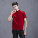 Mens Short Sleeve Pure Cashmere Knitted Sweater Mock Neck Sweatshirt Ribbed Hem