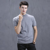 Mens Short Sleeve Pure Cashmere Knitted Sweater Mock Neck Sweatshirt Ribbed Hem