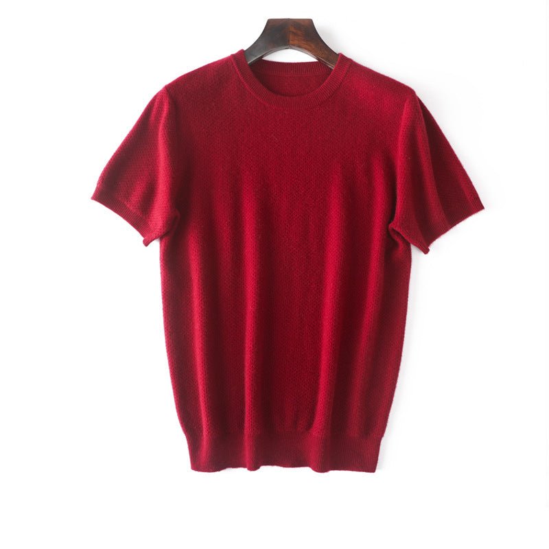 Mens Short Sleeve Pure Cashmere Sweater Crew Neck Textured Knit Tops