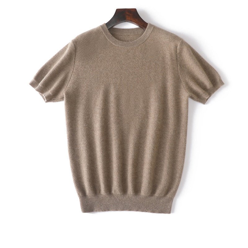 Mens Short Sleeve Pure Cashmere Sweater Crew Neck Textured Knit Tops