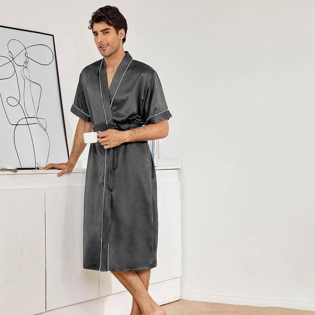 Men's Silk Robe Set Two Pieces Silk Kimono Robe With Shorts