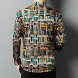 Mens Silk Shirts Geometric Print Retro Art Silk Dress Shirts
