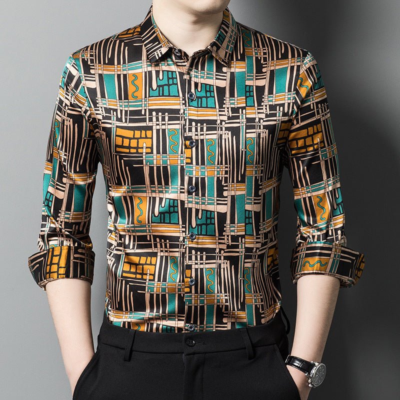 Mens Silk Shirts Geometric Print Retro Art Silk Dress Shirts