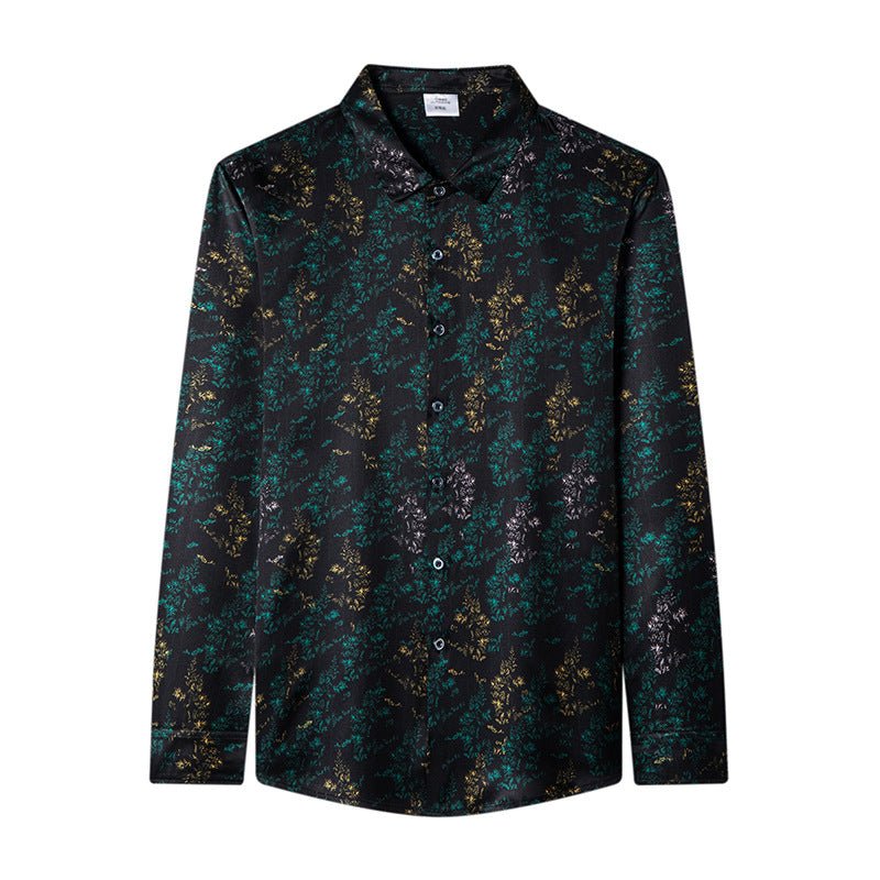 Mens Silk Shirts Long Sleeve Silk Botanical Print Dress Shirt