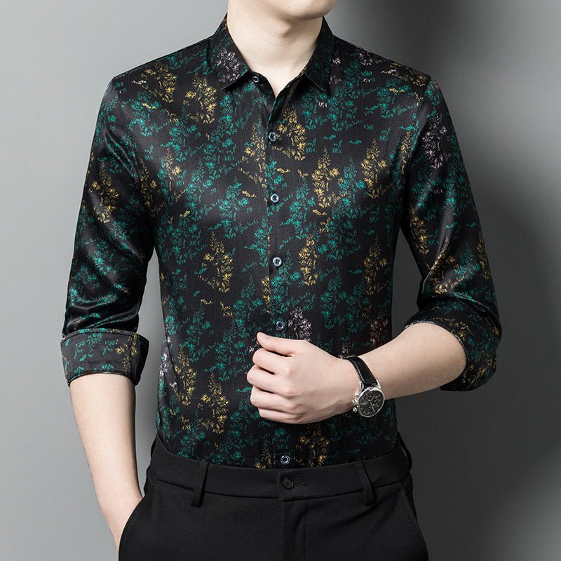 Mens Silk Shirts Long Sleeve Silk Botanical Print Dress Shirt
