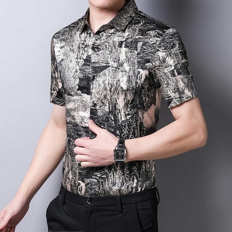 Mens Silk Shirts Short Sleeve Abstract Print Button Up Front Silk Dress Shirt