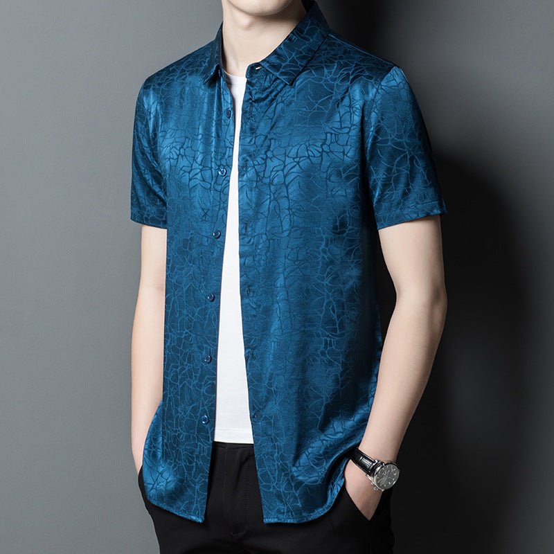Mens Silk Shirts Short Sleeve Abstract Textured Pattern Silk Dress Shirt