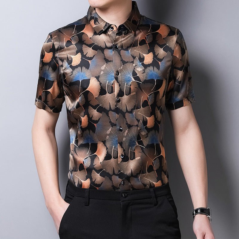 Mens Silk Shirts Short Sleeve Autumn Ginkgo Leaf Print Silk Dressing Shirt