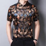 Mens Silk Shirts Short Sleeve Autumn Ginkgo Leaf Print Silk Dressing Shirt