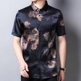 Mens Silk Shirts Short Sleeve Bronze Floral Print Silk Dress Shirt