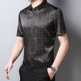 Mens Silk Shirts Short Sleeve Crackled Bronze Texture Silk Dress Shirt