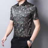 Mens Silk Shirts Short Sleeve Forest Bird and Floral Print Silk Dress Shirt
