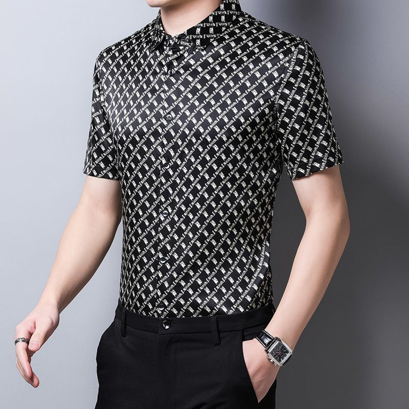 Mens Silk Shirts Short Sleeve Geometric Grid Print Silk Dress Shirt