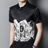 Mens Silk Shirts Short Sleeve Monochrome Vintage Graphic Print Silk Dress Shirt