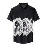 Mens Silk Shirts Short Sleeve Monochrome Vintage Graphic Print Silk Dress Shirt