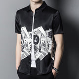 Mens Silk Shirts Short Sleeve Monochrome Vintage Graphic Print Silk Dress Shirt