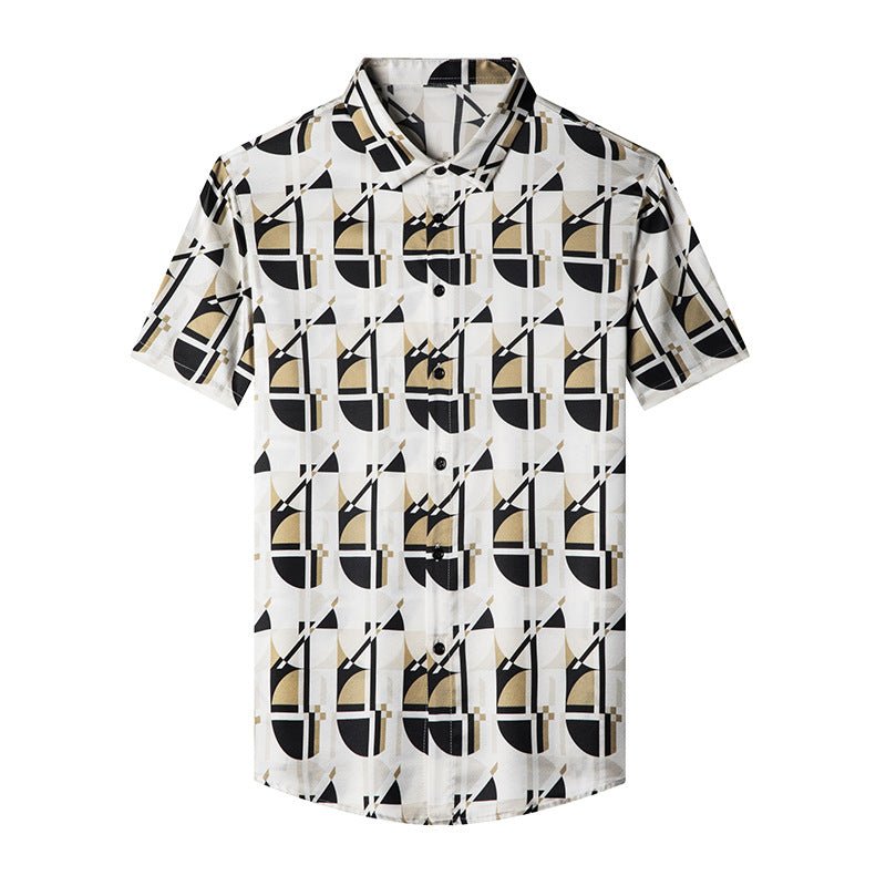 Mens Silk Shirts Short Sleeve Retro Geometric Print Silk Dress Shirt