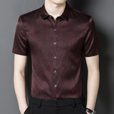 Mens Silk Shirts Short Sleeve Textured Pattern Silk Dress Shirt
