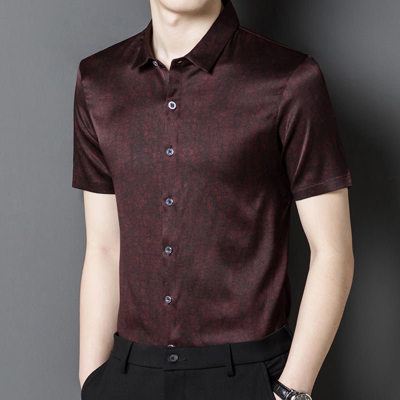 Mens Silk Shirts Short Sleeve Textured Pattern Silk Dress Shirt