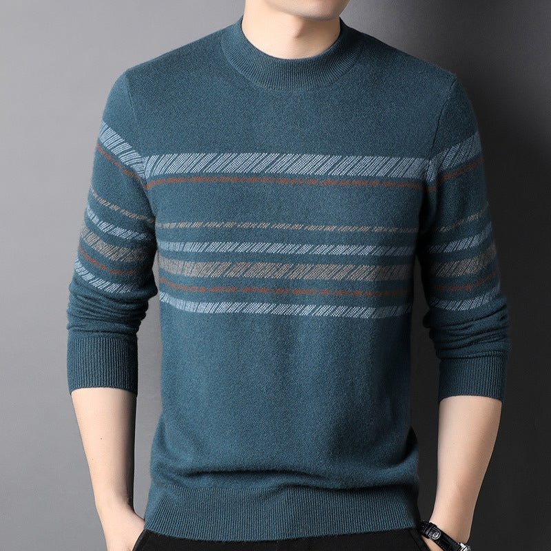 Mens Striped Crew Neck Pure Cashmere Sweater Cashmere Pullover Dark Teal XS