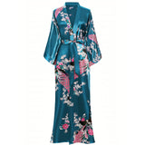 Women Silk Kimono Hand Painted Peacock & Flowers Nightwear