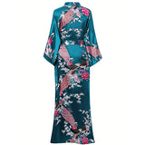 Women Silk Kimono Hand Painted Peacock & Flowers Nightwear