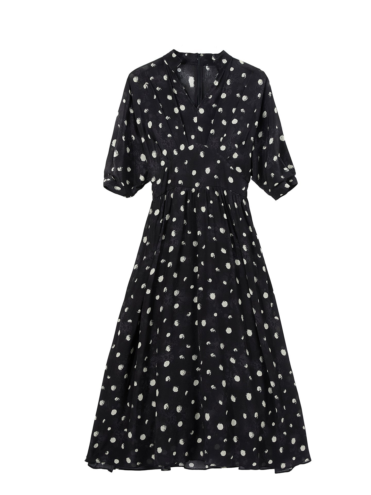 Polka Dot 100% Silk Midi Dress for Women V - Neck Long Sleeve Silk Dress Black XS