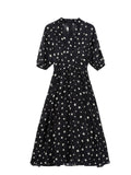 Polka Dot 100% Silk Midi Dress for Women V - Neck Long Sleeve Silk Dress Black XS
