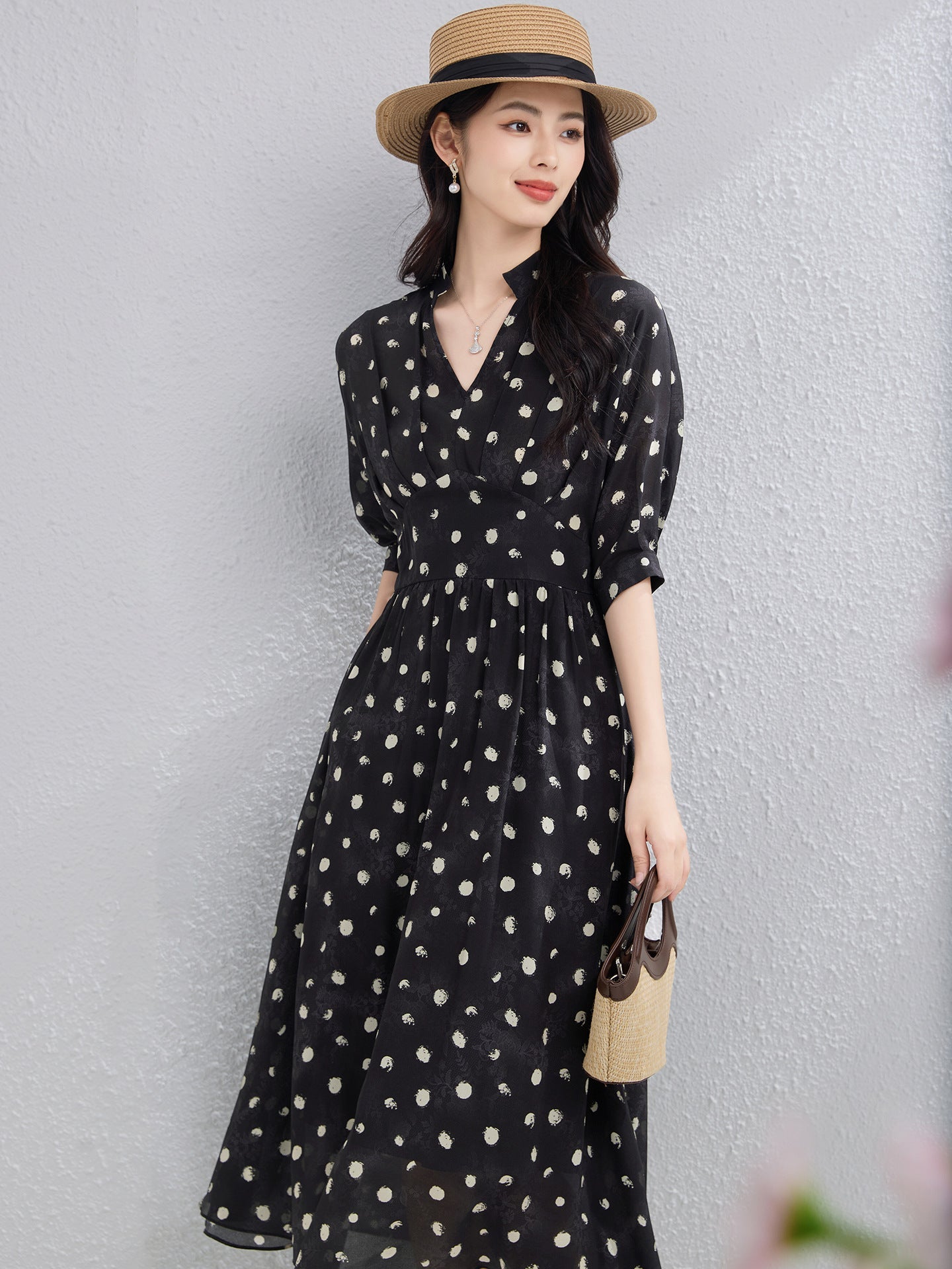 Polka Dot 100% Silk Midi Dress for Women V - Neck Long Sleeve Silk Dress Black XS